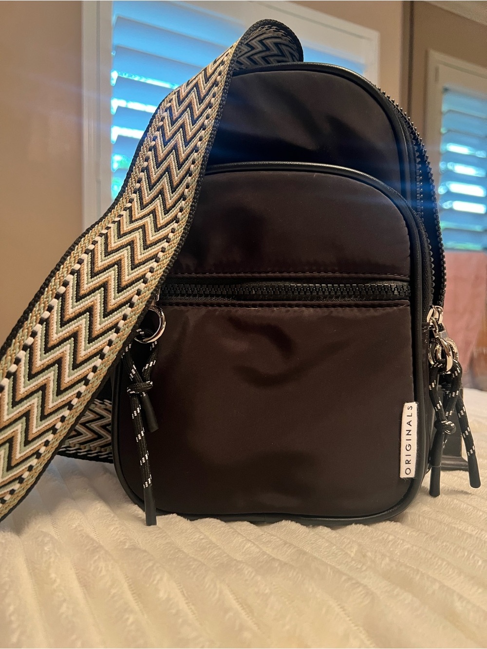 Black Crossbody Sling Bag with Patterned Guitar Strap